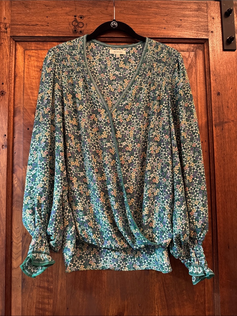 Max Studio Seafoam Floral Wrap Blouse
